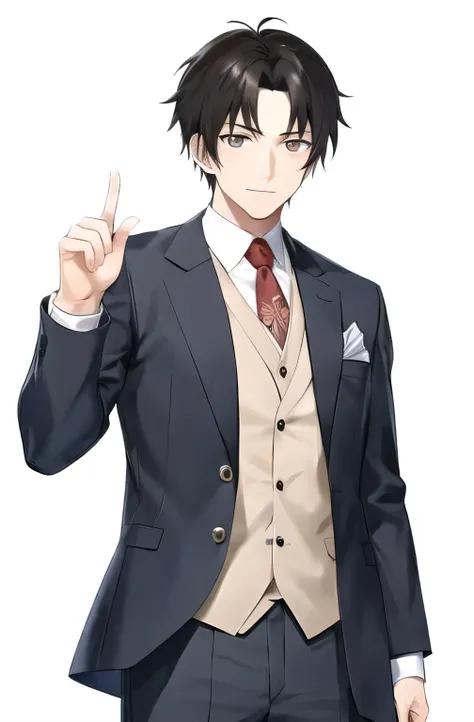 Anime man in a suit, Handsome anime poses, male anime character, Anime handsome man, Tall anime man with blue eyes, Inspired by Sugiura Emerald, Single character whole body, Young anime male positive roman, Hijikata Toushiro, Use your index finger, Inspire...