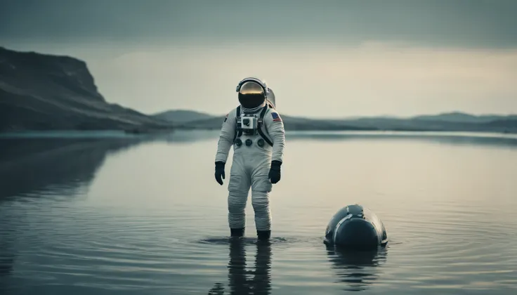 3 astronaut and their spaceship Standing on the water surface on another planet, vintage style, very beautiful view of water 