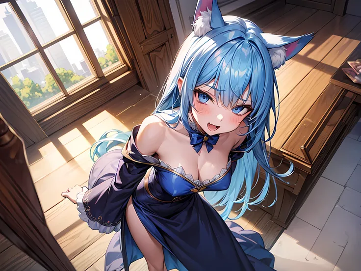 (Very detailed 8k wallpaper), graphics beautiful, (1 cat eared girl), Sharp Focus, Detailed, Dramatic, Delicate and beautiful young girl, age 18, (Slim Face, Slender body, Slim legs), (Perky and uplifted breasts), cat eared, cleavage, blue hair, Long hair ...