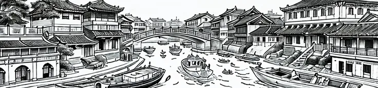 only black and white clour drawing of a river with boats and buildings in it, cg society contest winner, modern european ink painting, chinese brush pen illustration, dreamy chinese town, detailed art, highly detailed illustration, traditional korean city,...