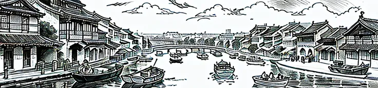 only black and white clour drawing of a river with boats and buildings in it, cg society contest winner, modern european ink painting, chinese brush pen illustration, dreamy chinese town, detailed art, highly detailed illustration, traditional korean city,...