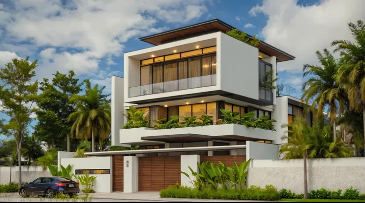 Masterpiece, high quality, best quality, authentic, super detail, outdoors, house style modern,bietthuhn, white wall, glass windows, gate road,pavement, grass, trees,blue sky, cloud, (day:1.1), realistic lighting