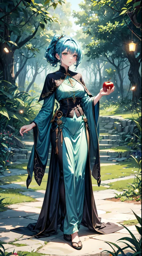 (best quality), (masterpiece), (detailed), 4K, Fantasy style, Young witch1.3, wearing a (gorgeous and mysterious robe1.2), with a (focused and curious expression1.2), holding a (glowing apple1.3), Mystical forest1.3 background with (strange plants1.2) and ...