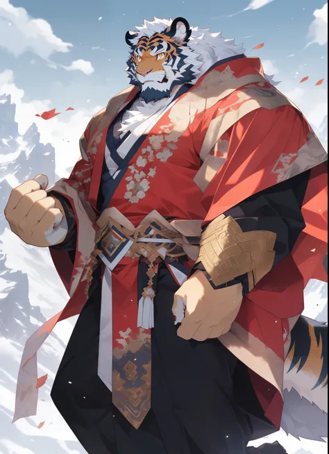 hairy，（tiger，Wearing a scarlet frost robe：1.3，Fairy air，)，beard，Golden fur，White short hair，male，Golden Eyes，Common，full-body shot，（Floating in the air：1.3），，，(Fairy air surrounds：1.3)，immortal，Detailed mountain background，极其lifelike阴影，masterpiece，Very det...