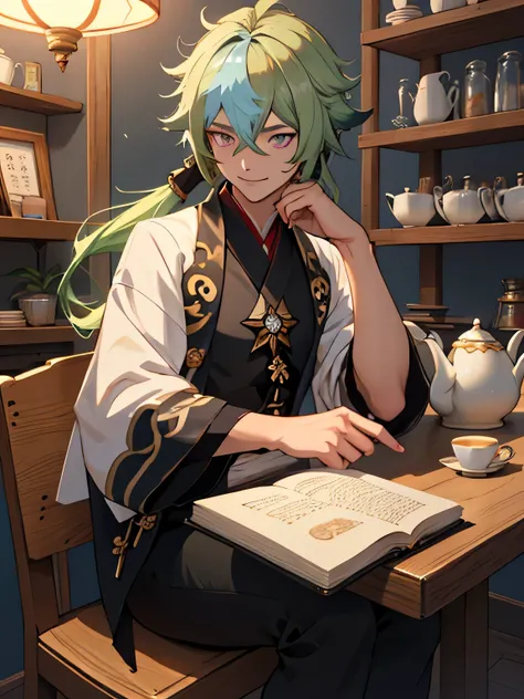 man in a tea shop, sitting down, reading a book, male, green hair, long hair, high ponytail, detailed eyes, keqing from genshin impact, genshin impact character, genshin, baizhu li from genshin impact, ayaka game genshin impact, genshin impact, shadowverse...