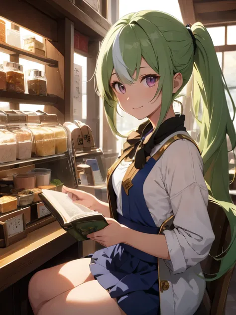 man in a tea shop, sitting down, reading a book, male, green hair, long hair, high ponytail, detailed eyes, keqing from genshin impact, genshin impact character, genshin, baizhu li from genshin impact, ayaka game genshin impact, genshin impact, shadowverse...