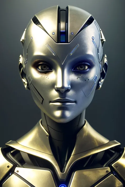 A robot avatar with a futuristic face, (Expression: 1.5, Sorrowful: 0.8), (Metallic skin texture: 1.5), intricately designed features, (Glowing accents: 1.2), highly expressive, (Realistic: 1.6), HDR, (Hyper-detailed: 1.4), cinematic close-up, the face of ...