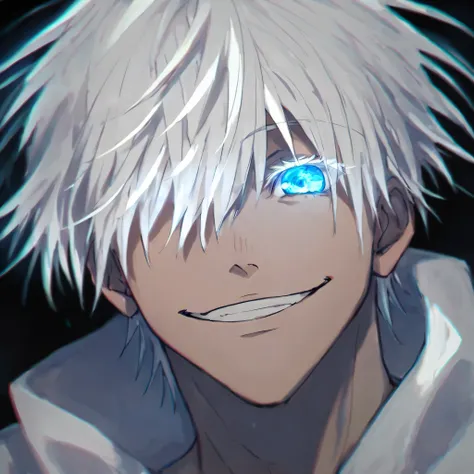 score_9, score_8_up, score_7_up,
SatoruGojo, solo, looking at viewer, smile, short hair, bangs, 1boy, hair between eyes, male focus, grin, glowing, black background, portrait, colored eyelashes, one eye covered with hair,
 