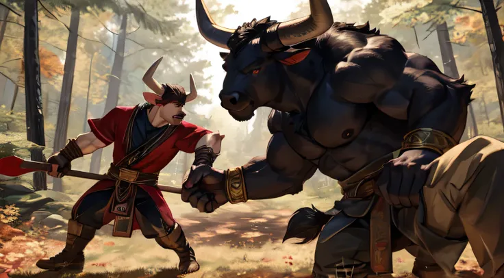 Fight scene with a minotaur holding a large ax in the middle of the forest.