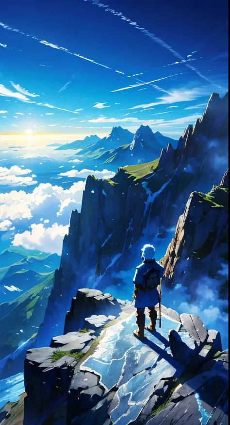 A lone warrior standing atop a mountain peak, gazing out at a vast ocean of clouds(bright blue shinning sky)