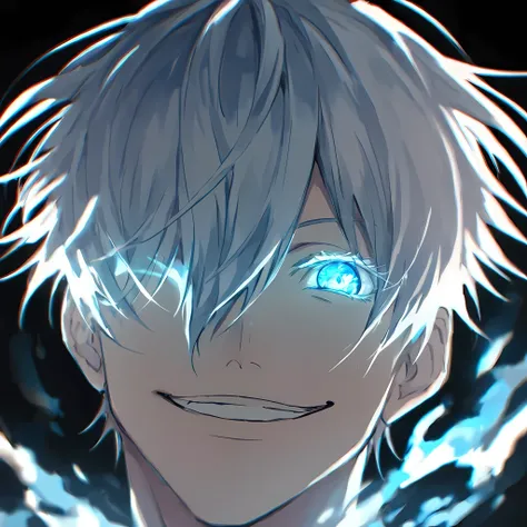 score_9, score_8_up, score_7_up,
SatoruGojo, solo, looking at viewer, smile, short hair, bangs, 1boy, hair between eyes, male focus, grin, glowing, black background, portrait, colored eyelashes, one eye covered with hair,
 