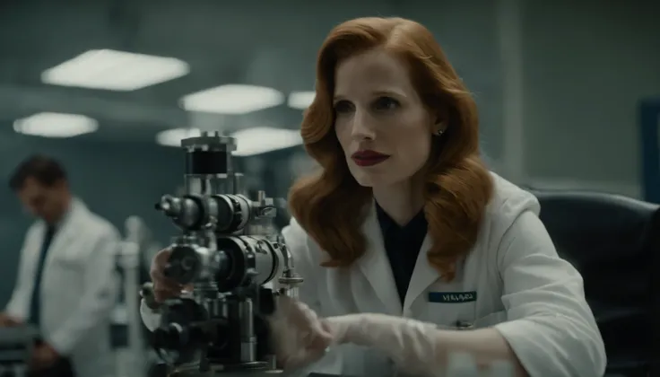 Jessica Chastain as a scientist of NASA inside the NASA lab in a vintage shot, 1950 camera shot