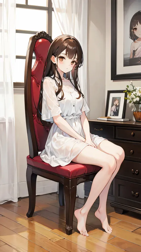 pretty woman, sitting on a chair, in a dress, with bare legs, in a white blouse, brown eyes, background Bedroom,