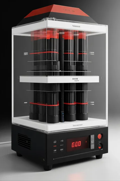 machine, sequencing, hiseq, DNA, sauron,far future, black, red, display, symetry, square, white background

