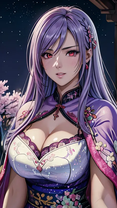 red eyes, (highest quality, masterpiece painting:1.3), immature woman, 16 years old, (half body shot), masterpiece, ultra high resolution, (Photoreal:1.0), ((light purple hair)),straight hair, beautiful shining hair, white and shining skin, ((Ultra realist...