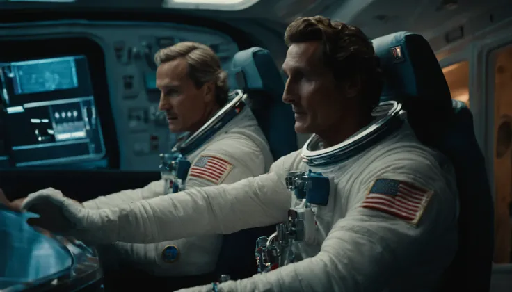 Matthew McConaughey in the space in the astronaut suite with his one crewmember inside the spaceship, vintage shot 