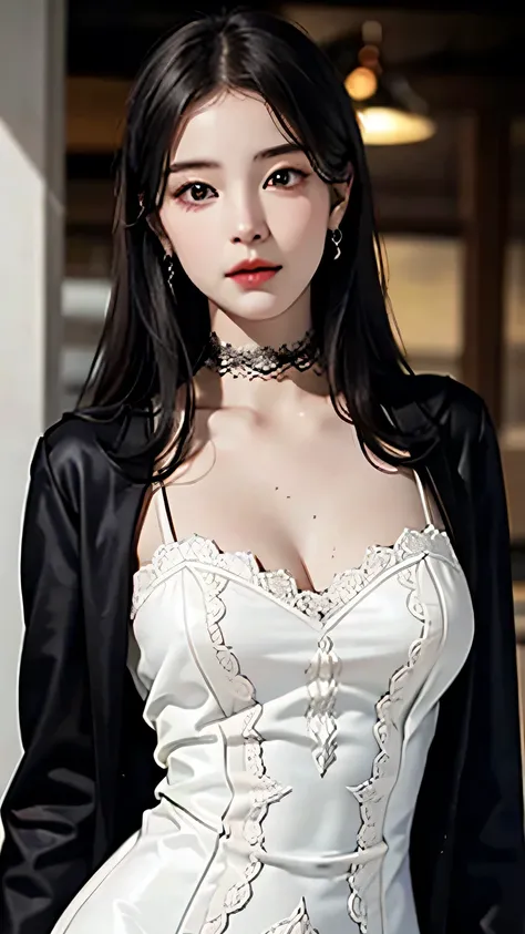 Beautiful girl with realistic black eyes, pale skin, Long black hair, perfect face, perfect eyes, ((Wearing a black coat)),((A tight lace dress with a large opening at the chest)) very detailed, comprehensive movie, digital painting, 8K, cinematic lighting...