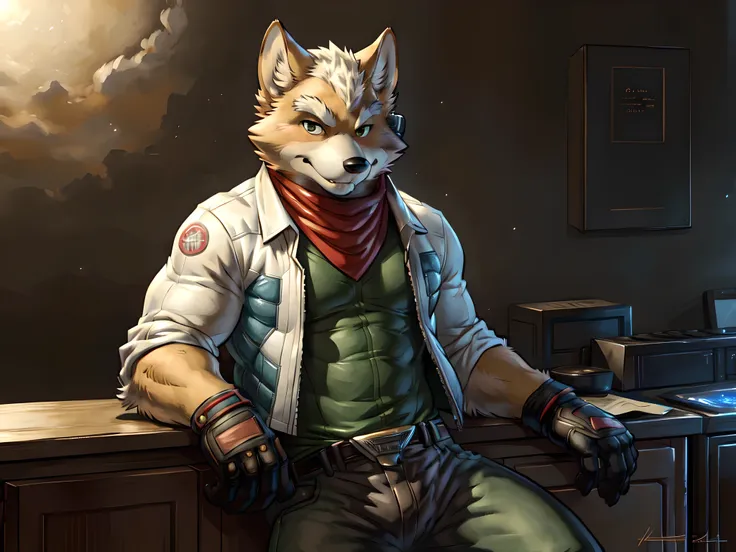 fox mccloud, 4k, high resolution, best quality, detailed, posted on e621, solo, anthro body, male, avarage build, (plain backgro...