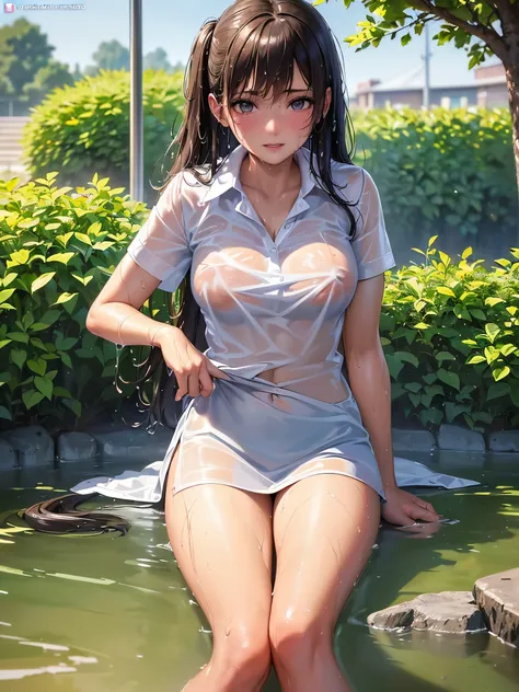 ((highest quality)),(Ultra-high resolution),(Very detailed),(Detailed Description),((The best CG)),(A masterpiece),Ultra-precise art,amazing drawing art,(Art with precise detail:1.5), (high school girl:1.6),(Wet shirt:1.5),