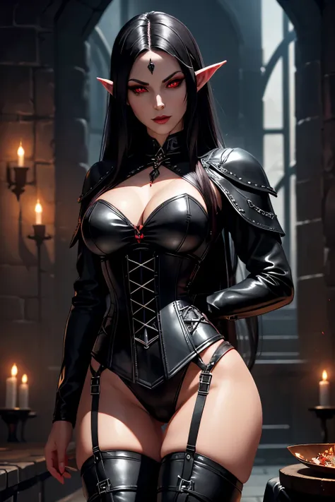 Dark elf, red eyes, gothic, beautiful, straight black hair, black clothing, corset, leather boots, 8k, darkness, night elf, sexy, dominatrix, whip, medieval mask, nocturnal, evil, leather clothing