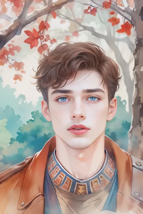 (a watercolor and pencil drawing of an incredibly handsome 20-year-old man with short dark brown hair, red-lips, olhos castanhos, corpo magro em forma, cores vivas, background with blue sky and trees