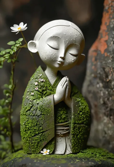Abandoned clay sculpture,Minimalist Sculpture,3D, Bald little monk, blush,Rough surface,Surface patterns and textures,Surface scratches,grainy,old,shattered。moss,rain,A small white flower