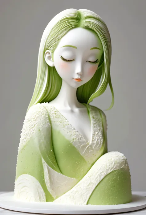 (best quality,ultra-detailed,realistic:1.37),white cake,dessert,delicious,matcha powder,minimalistic carving,3d sculpture,girl a...