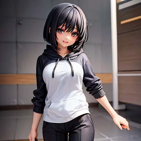 Anime girl with short bob black straight hair, black eyes, calm energised smile, wearing a hoodie and black long trousers. 