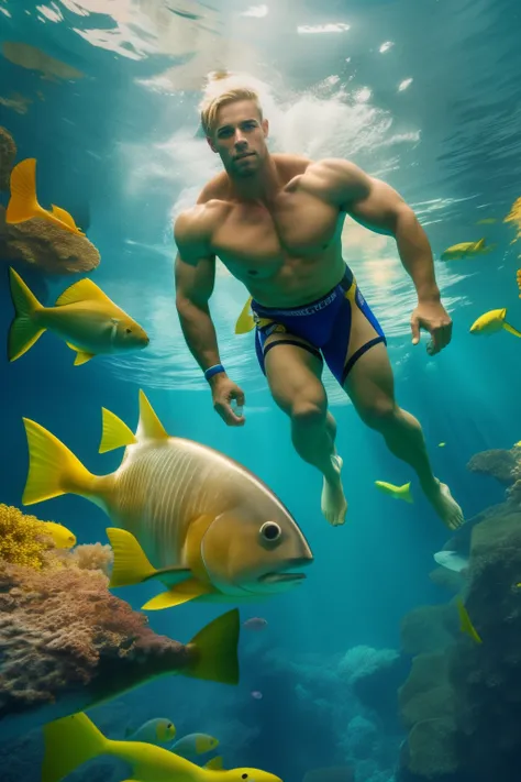 A fit handsome naked and muscular man, with short blonde hair, a diver with knife strapped to his thigh, swimming in a vibrant underwater setting, full body image, seen from below