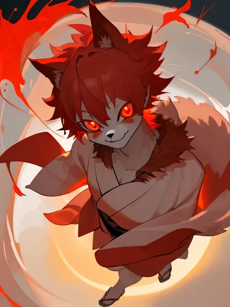 Crimson fur juvenile,canid,Vermilion short kimono,red glowing eyes,smile,Cool scene,View from above,Cute design,Flaming Ball,Furry,juvenile,Furry,Red Hair