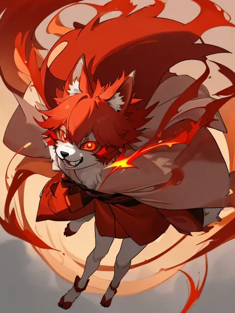 Crimson fur juvenile,canid,Vermilion short kimono,red glowing eyes,smile,Cool scene,View from above,Cute design,Flaming Ball,Furry,juvenile,Furry,Red Hair