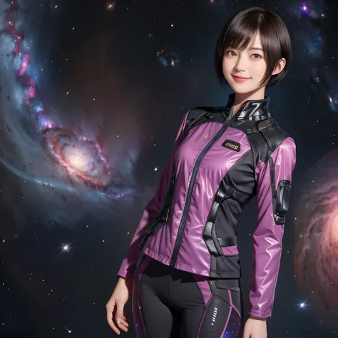 212 Short Hair, 20-year-old woman, A kind smile, Floral, 未来的なClothes装, machinery suit, (The background is a galaxy and nebula), ((Separate top and bottom々Clothes))