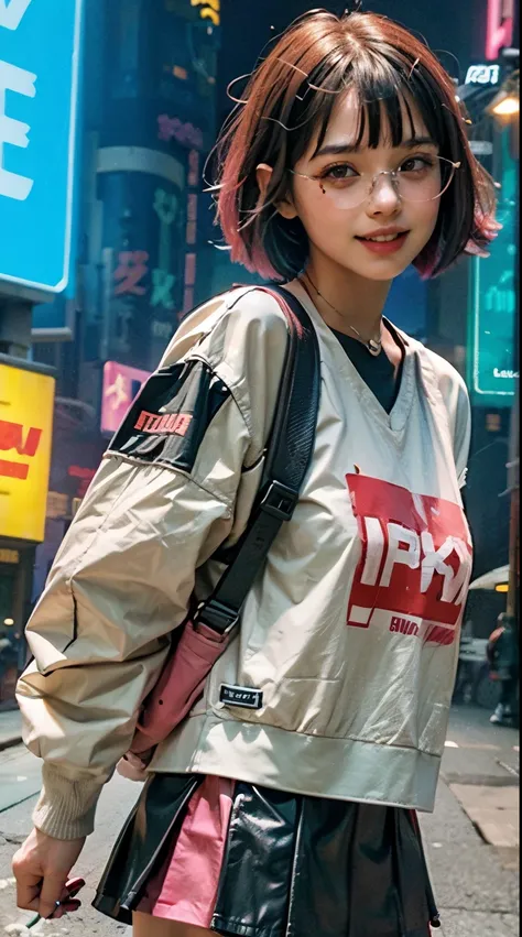 A colorful Bob cut haired punk canadian girl, smooth white skin, innocent look, 15 years old, wearing red glasses, Ultra high res, uhd, (photorealistic:1.4), cyberpunk outfit, ripped shirt, wink, smiling ear to ear, neon lighting, v-neck blouse, wearing sk...