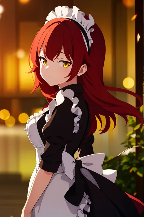 ultra-detailed, vibrant colors, soft natural lighting, fine art, bokeh effect. 3/4 body, frilled maid outfit, red hair, long hair, side tail, yellow eyes