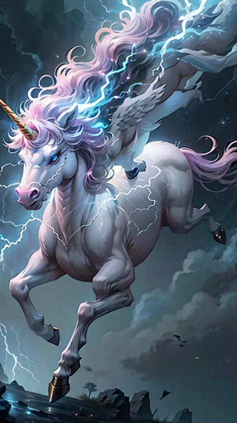 1 unicorn is running, storm, lighting, glowing, magic