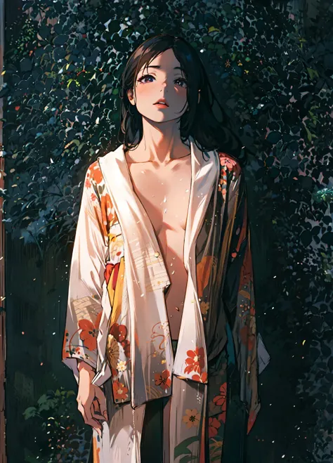 arafed japanese woman in a kimono standing against a wall, open kimono revealing her body, flat chest, white breast, 