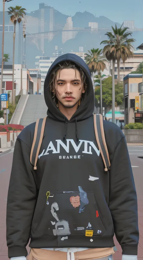 arafed man in a hoodie with a backpack and a backpack, cyberpunk street goon, in a hoodie, in a hood, as a character from gtav, wearing a hoody, inspired by Jean Malouel, gta character, 2 k aesthetic, gta v street style, detailed unblurred face, realistic ...