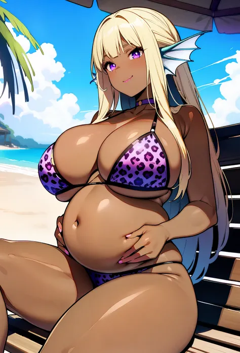 masterpiece, best quality, extremely detailed, 1girl, solo, (dark skin, brown skin:2), FernFrieren, (huge breasts:1.4), ((((blonde hair), long hair, purple eyes, head fins))), purple lips, (((choker, bikini, leopard print bikini, panties))), (pregnant), ((...