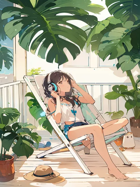 a lady sitting on a chair，Wearing headphones and a hat, With the resonance of music, Lo-Fi Girl, listen to music, Relaxation concept art, Lo-Fi Girl aesthetic, Lowe atmospheres, Lofi Artstyle, relax, Lowe atmosphere, Listen to sacred music, relaxing enviro...