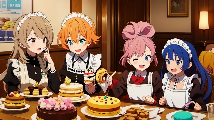 (4+ girl), Multi-colored hair, Sweet Maid, Random cute faces, Very happy smile, Open your mouth, Group shot, Zoom, sweet tea , Lots of cakes, Macaroons, chocolate, perfection, cookie, Candy Country
, anime_Coloring,anime_Key Visual, colorful,vivid