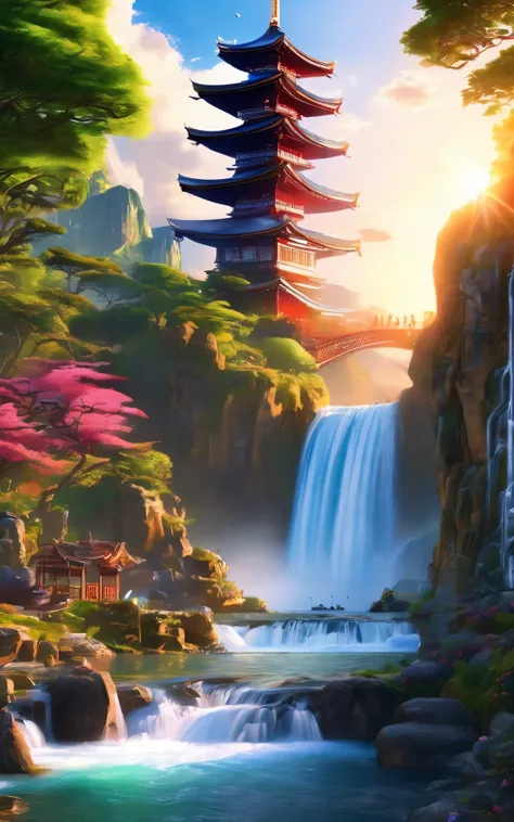 (highest quality,masterpiece, Complex,Very detailed,Realistic,RAW Photos,8K Ultra HD,Ultra-high resolution,photoRealistic style,Movie Scenes, Sharp focus,Dramatic lighting,Very detailed CG ユニティ壁紙) ,Siu,Tower and waterfall,sunrise,