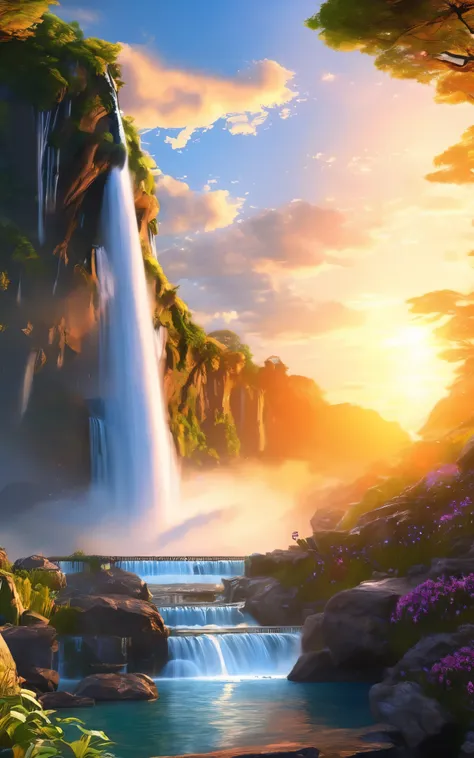 (highest quality,masterpiece, Complex,Very detailed,Realistic,RAW Photos,8K Ultra HD,Ultra-high resolution,photoRealistic style,Movie Scenes, Sharp focus,Dramatic lighting,Very detailed CG ユニティ壁紙) ,Siu,Tower and waterfall,sunrise,