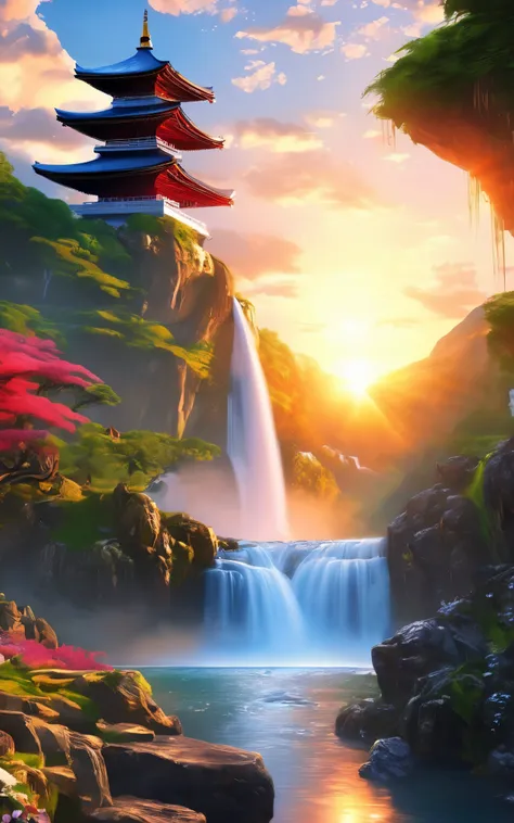 (highest quality,masterpiece, Complex,Very detailed,Realistic,RAW Photos,8K Ultra HD,Ultra-high resolution,photoRealistic style,Movie Scenes, Sharp focus,Dramatic lighting,Very detailed CG ユニティ壁紙) ,Siu,Tower and waterfall,sunrise,