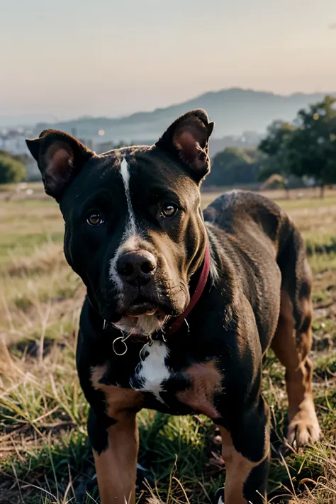 A realistic portrait of a pitbull dog siting on a grassy land