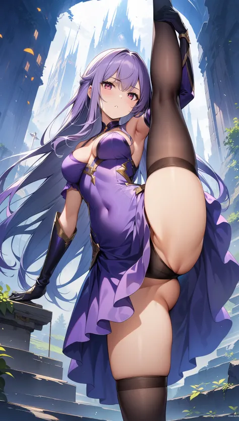 32k, best quality, ultra high res, HDR, UHD, extremely detailed CG, unity 32k wallpaper, (masterpiece, highest quality:1.2), 1 Girl, alone,Are standing_Split,  Long Hair, Purple Hair, purple dress, Black Stockings, 