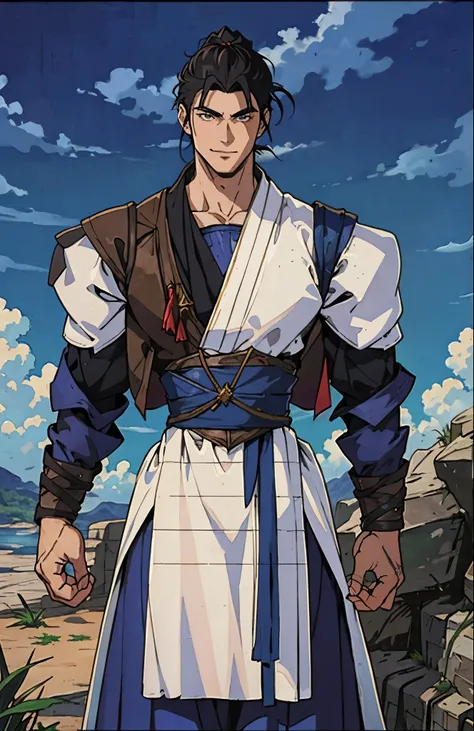 A man with short brown hair slicked back, topknot hairstyle, small center-parted fringe, deep eyes, straight eyebrows, long face, playful smile, a azure blue fantasy-style cloth vest jacket over a long-sleeved white undershirt, a black waistband, coarse cl...