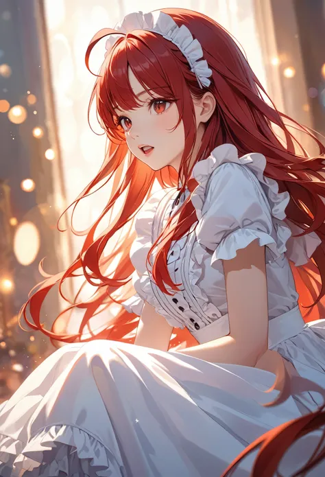 ultra-detailed, vibrant colors, soft natural lighting, fine art, bokeh effect. 3/4 body, frilled maid outfit, red hair, long hair, ahoge, red eyes, open mouth