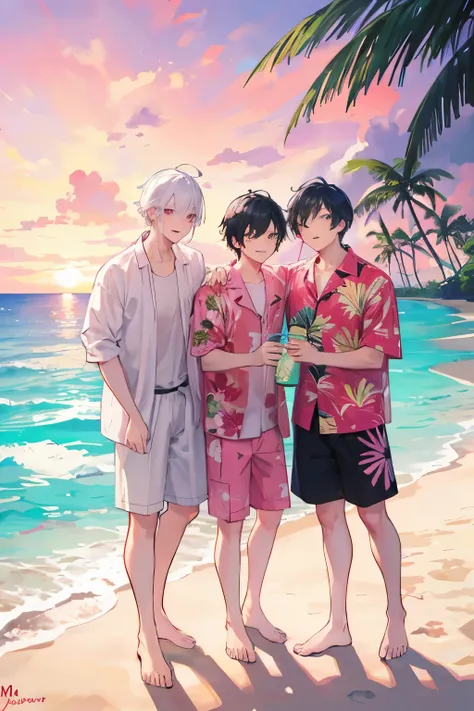 ((Best quality)), ((masterpiece)), (detailed), perfect face, 3 men, hawaiian shirts, coconut drinks in hands, Man with white hair, Man with black hair, man with purple hair, joy, beach, rest, Hawaii, sea, Sun, sand, palm trees, Pink sunset, Gays, summer, m...