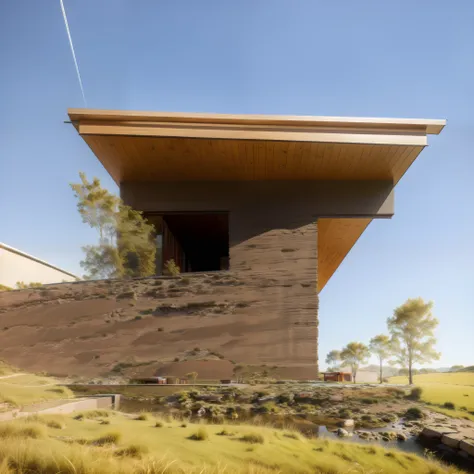 rural house in a rocky environment with a stream in the foreground