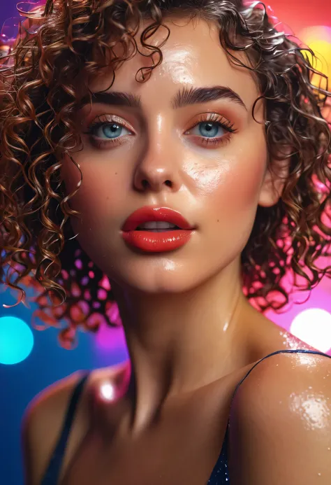 (best quality,4k,highres,masterpiece:1.2),ultra-detailed,realistic,studio lighting,wonderful colors,wet texture,portrait,close-up,curly hair,beautiful detailed eyes,detailed lips,graceful posture,confident expression,stylish outfit,colorful background,boke...